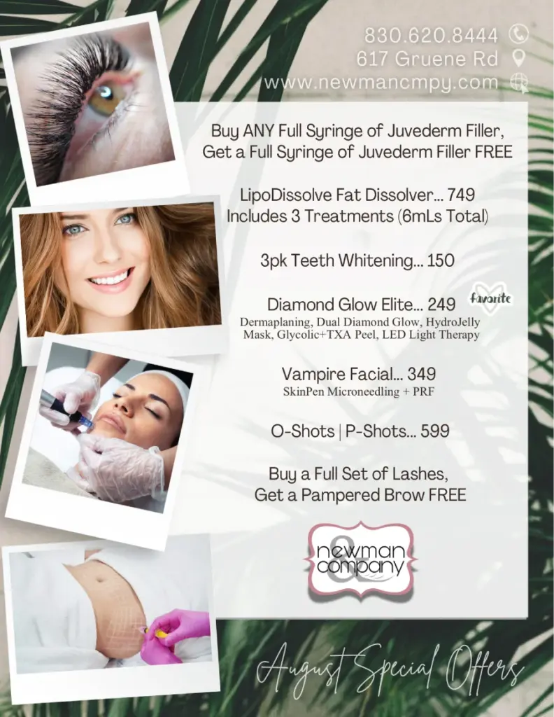 Four photos of beauty treatments, Newman Company logo, and "August Special Offers" text.