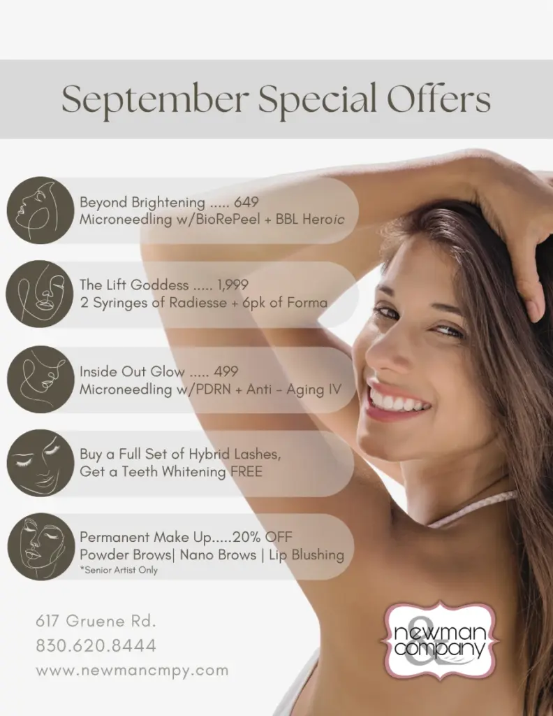 Smiling woman with hand in hair, "September Special Offers" and "newman company" logo visible.