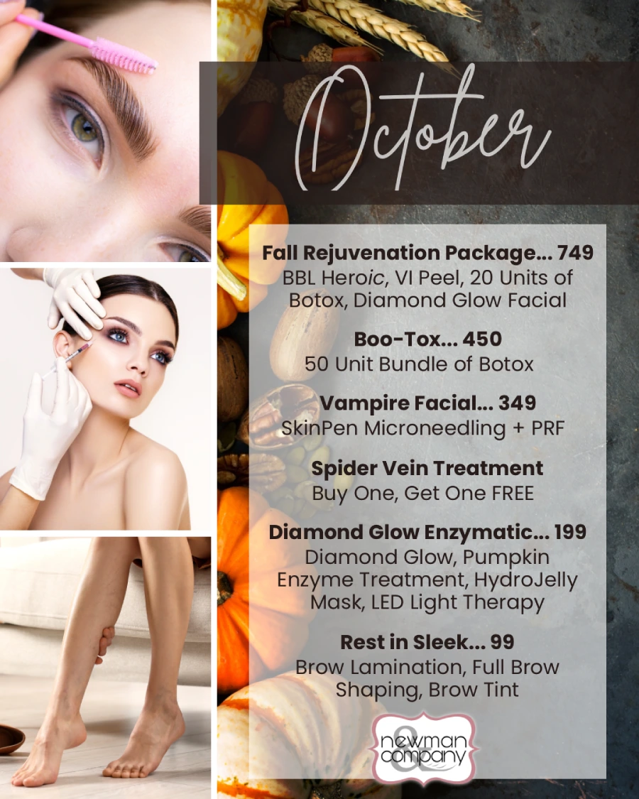 Collage of a woman getting eyebrow, facial, and leg treatments, with "October" and "newman company" text.